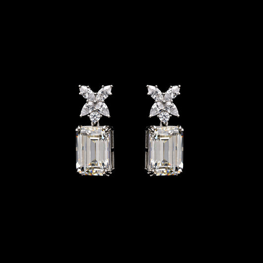 CLASSIC BAGUETTE SOLITAIRE EARRINGS WITH 4-STONE FLORAL DETAILS